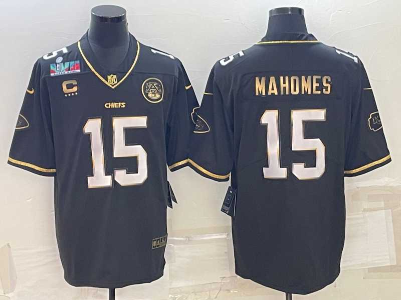 Mens Kansas City Chiefs #15 Patrick Mahomes Black Gold Super Bowl LVII Patch And 4-star C Patch Vapor Untouchable Limited Stitched Jersey